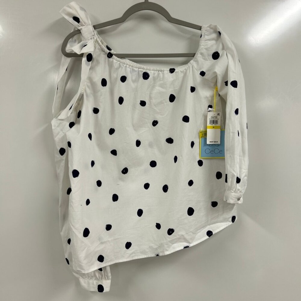 CeCe White Polka Dot Bow Shoulder Blouse NWT Size M 100% cotton Cottagecore Top